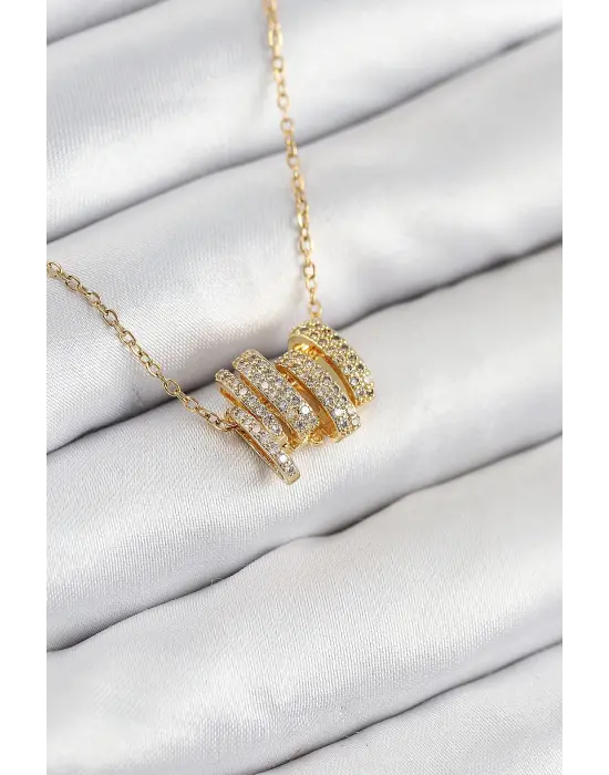 316L Çelik Zirkon Taşlı Sarmal Model Gold Renk Kadın Kolye
