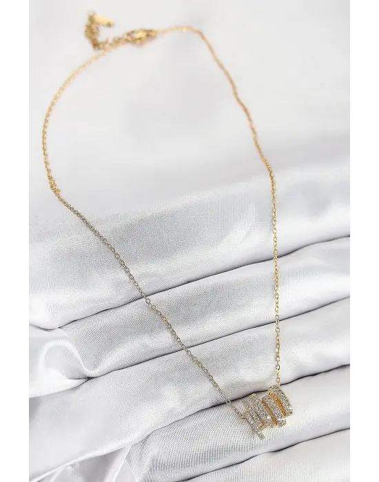 316L Çelik Zirkon Taşlı Sarmal Model Gold Renk Kadın Kolye