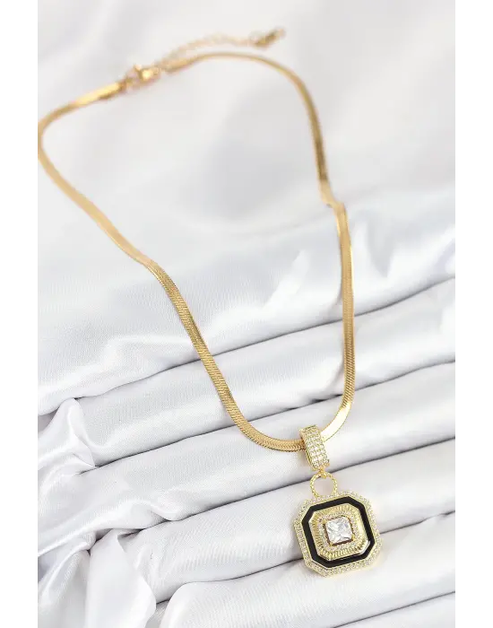 316L Çelik Zirkon Taşlı Siyah Detaylı Baget Model Gold Renk Kadın Kolye