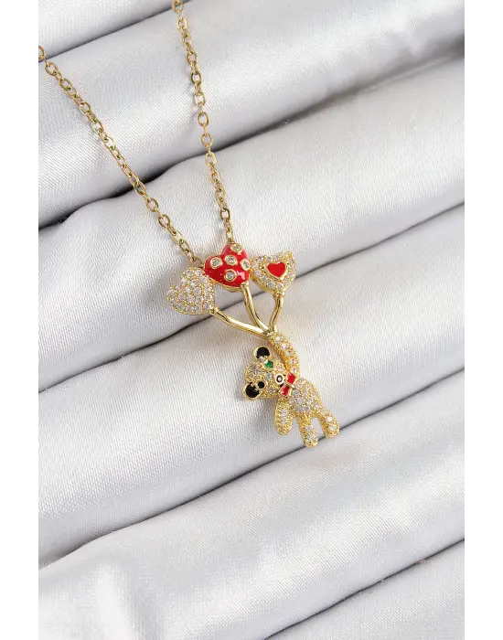 316L Çelik Zirkon Taşlı Uçan Balonlu Ayıcık Model Gold Renk Kadın Kolye