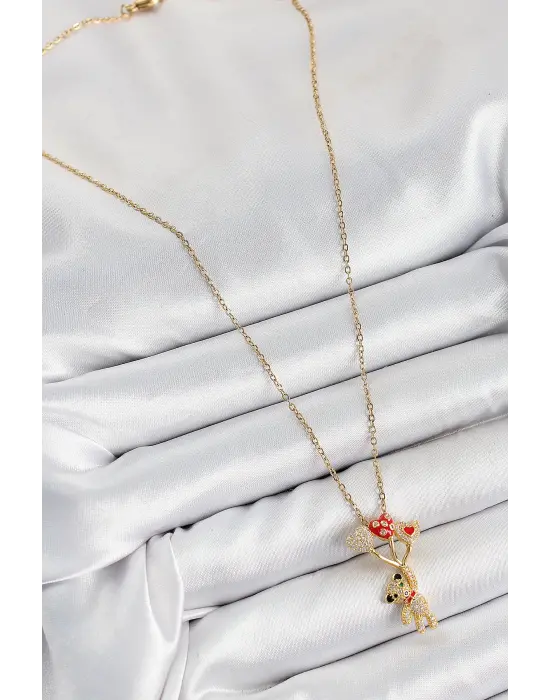 316L Çelik Zirkon Taşlı Uçan Balonlu Ayıcık Model Gold Renk Kadın Kolye