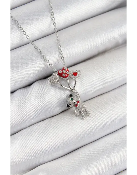 316L Çelik Zirkon Taşlı Uçan Balonlu Ayıcık Model Gümüş Renk Kadın Kolye