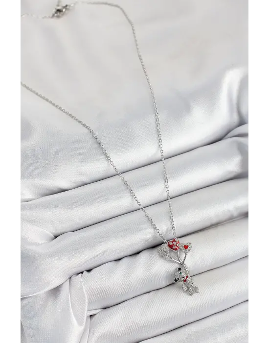 316L Çelik Zirkon Taşlı Uçan Balonlu Ayıcık Model Gümüş Renk Kadın Kolye