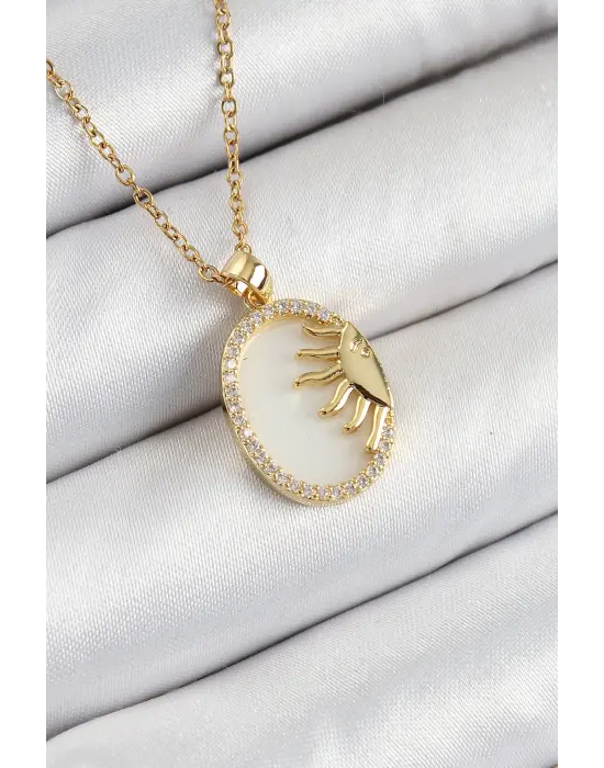 316L Çelik Zirkon Taşlı Yarım Güneş Model Gold Renk Kadın Kolye