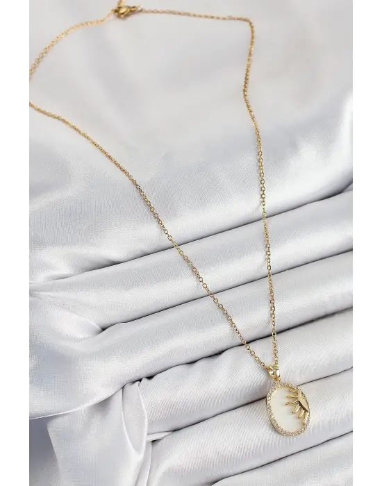 316L Çelik Zirkon Taşlı Yarım Güneş Model Gold Renk Kadın Kolye