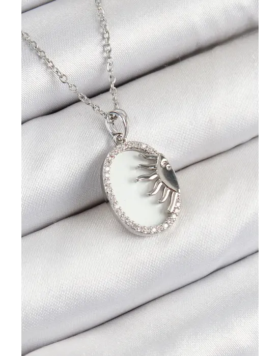 316L Çelik Zirkon Taşlı Yarım Güneş Model Gümüş Renk Kadın Kolye