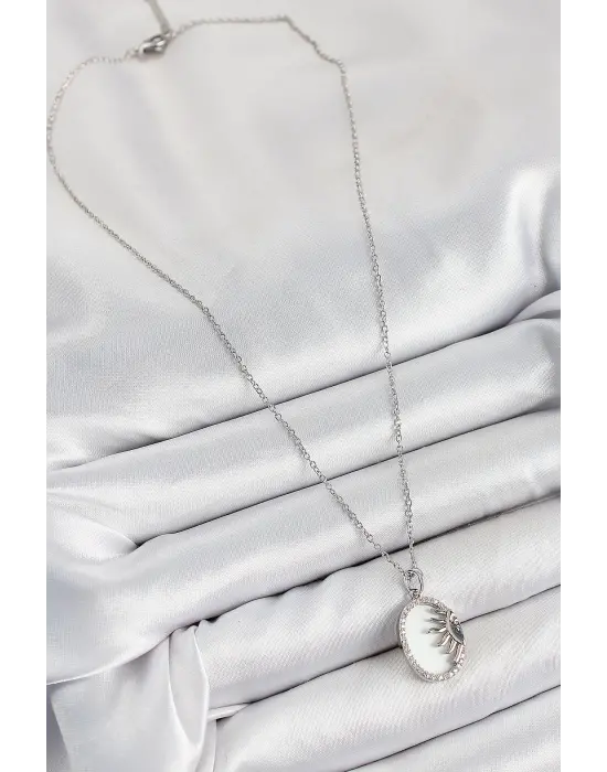 316L Çelik Zirkon Taşlı Yarım Güneş Model Gümüş Renk Kadın Kolye