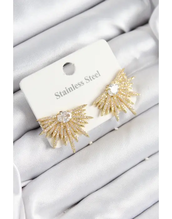 316L Çelik Zirkon Taşlı Yelpaze Model Gold Renk Kadın Küpe