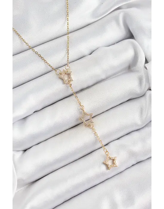 316L Çelik Zirkon Taşlı Yıldız Figürlü Y Model Gold Renk Kadın Kolye