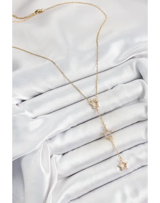 316L Çelik Zirkon Taşlı Yıldız Figürlü Y Model Gold Renk Kadın Kolye