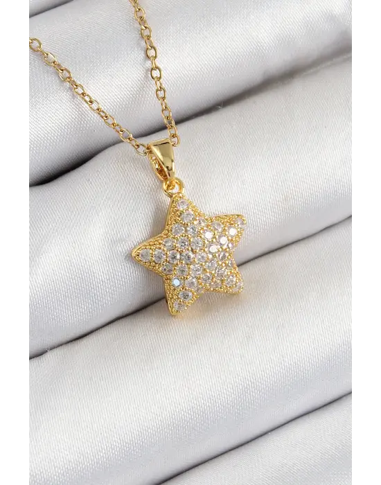 316L Çelik Zirkon Taşlı Yıldız Model Gold Renk Kadın Kolye