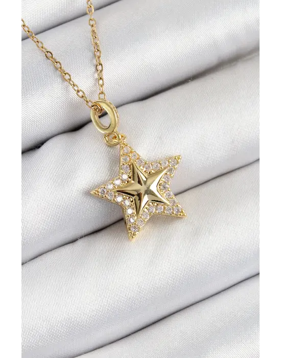 316L Çelik Zirkon Taşlı Yıldız Model Gold Renk Kadın Kolye