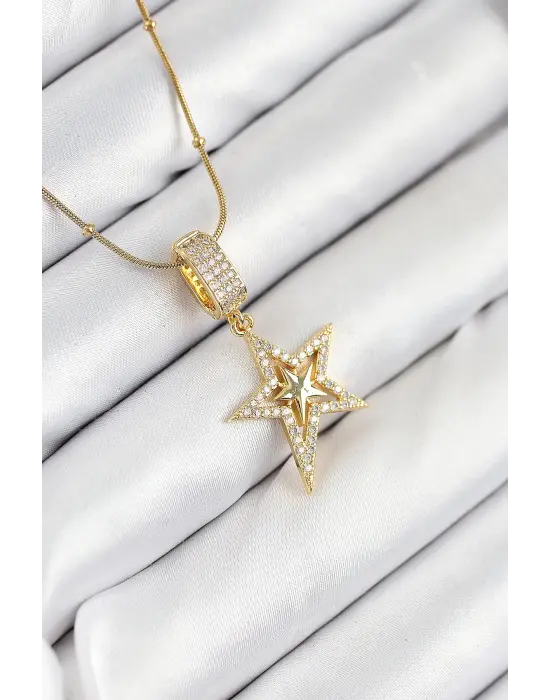 316L Çelik Zirkon Taşlı Yıldız Model Gold Renk Kadın Kolye