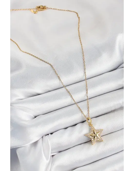 316L Çelik Zirkon Taşlı Yıldız Model Gold Renk Kadın Kolye