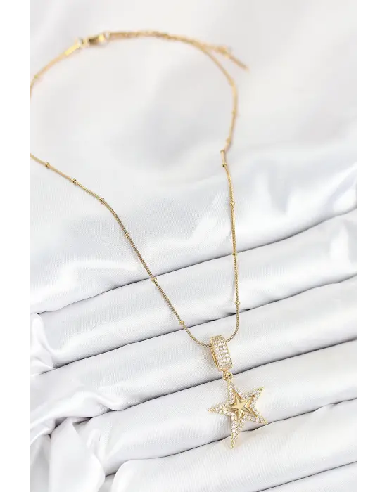 316L Çelik Zirkon Taşlı Yıldız Model Gold Renk Kadın Kolye