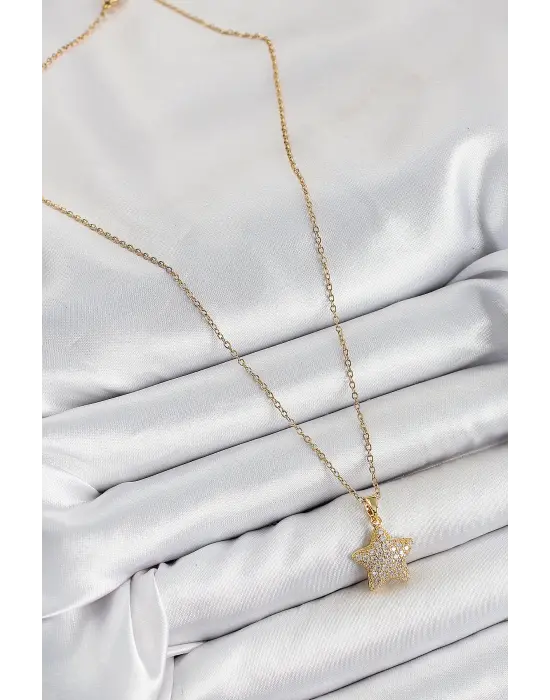 316L Çelik Zirkon Taşlı Yıldız Model Gold Renk Kadın Kolye