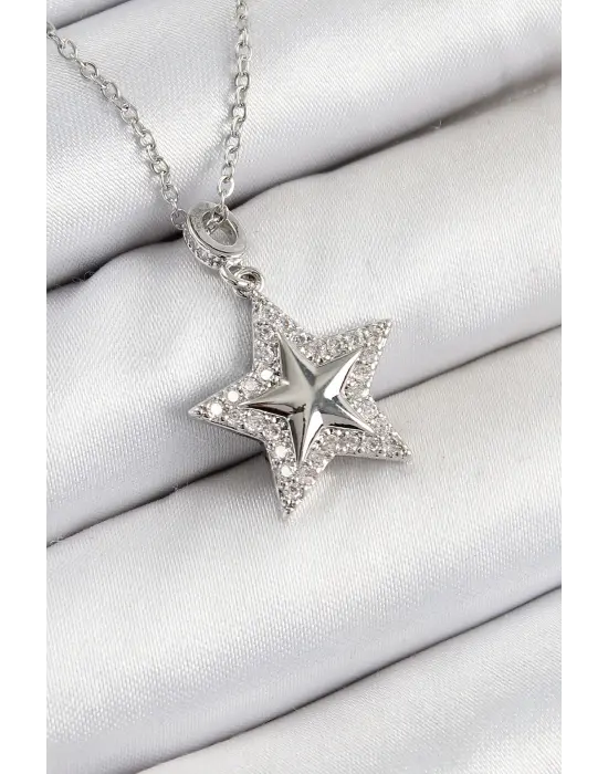 316L Çelik Zirkon Taşlı Yıldız Model Gümüş Renk Kadın Kolye