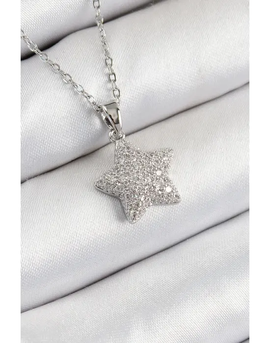 316L Çelik Zirkon Taşlı Yıldız Model Gümüş Renk Kadın Kolye