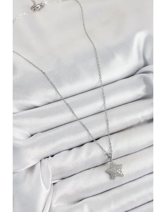 316L Çelik Zirkon Taşlı Yıldız Model Gümüş Renk Kadın Kolye
