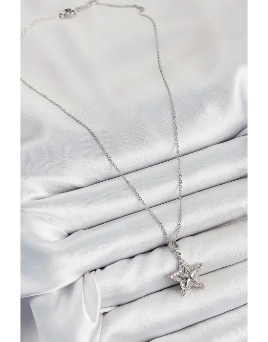 316L Çelik Zirkon Taşlı Yıldız Model Gümüş Renk Kadın Kolye