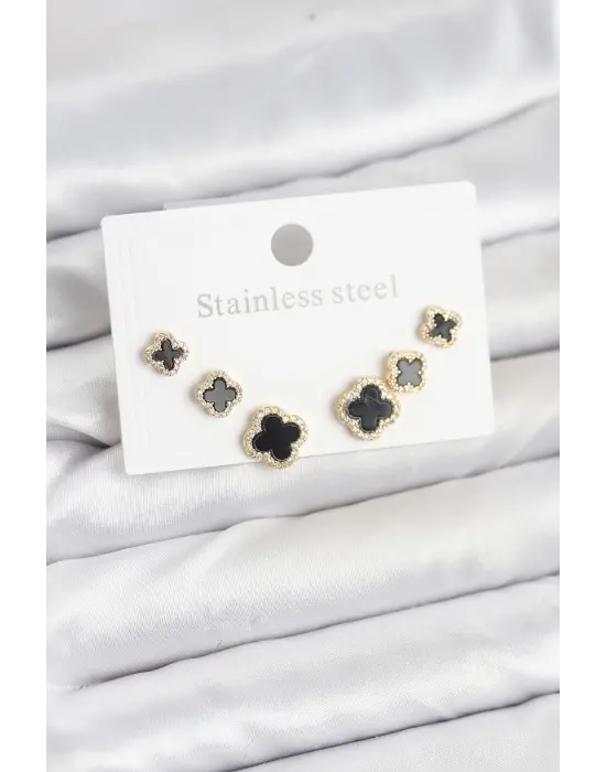 316L Çelik Zirkon Taşlı Yonca Model Kadın Küpe Seti