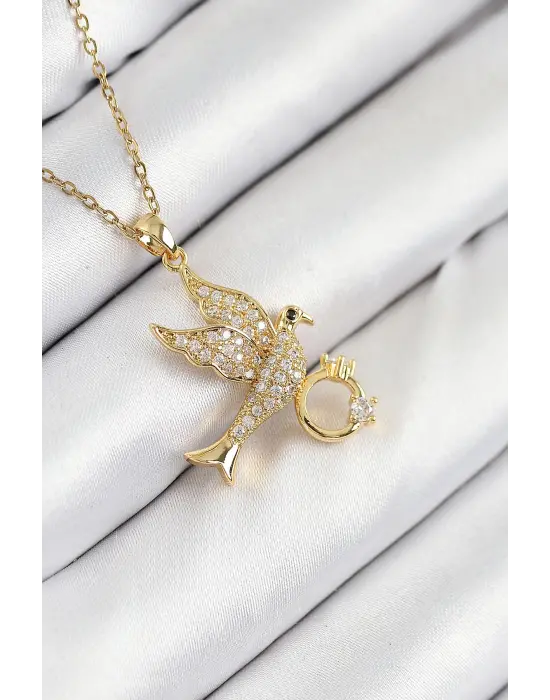 316L Çelik Zirkon Taşlı Yüzüklü Kuş Model Gold Renk Kadın Kolye