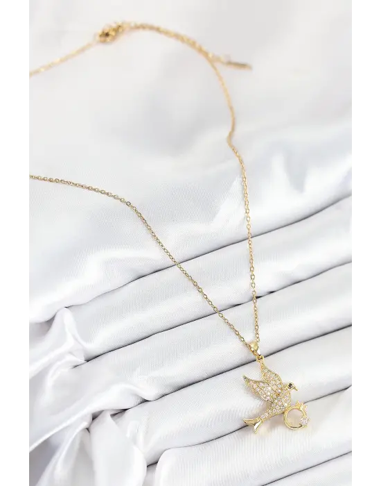 316L Çelik Zirkon Taşlı Yüzüklü Kuş Model Gold Renk Kadın Kolye