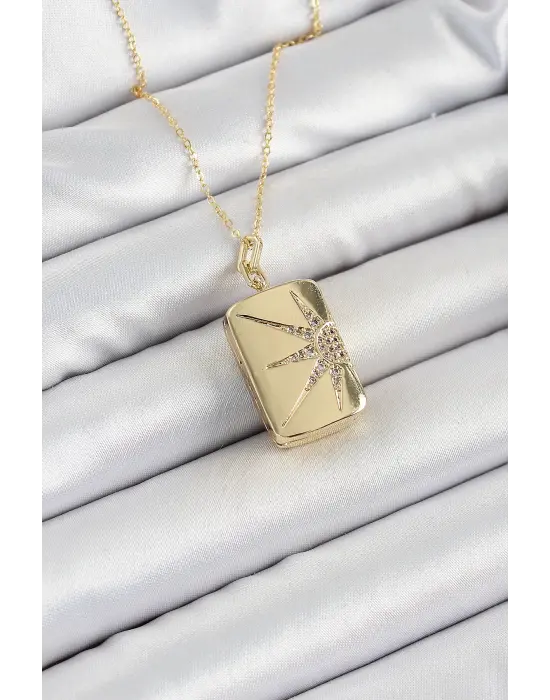 316L Çelk Açılabilir Dikdörtgen Model Zirkon Taşlı Gold Renk Kadın Zincir kolye