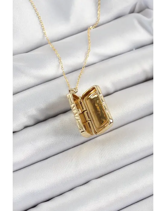 316L Çelk Açılabilir Dikdörtgen Model Zirkon Taşlı Gold Renk Kadın Zincir kolye