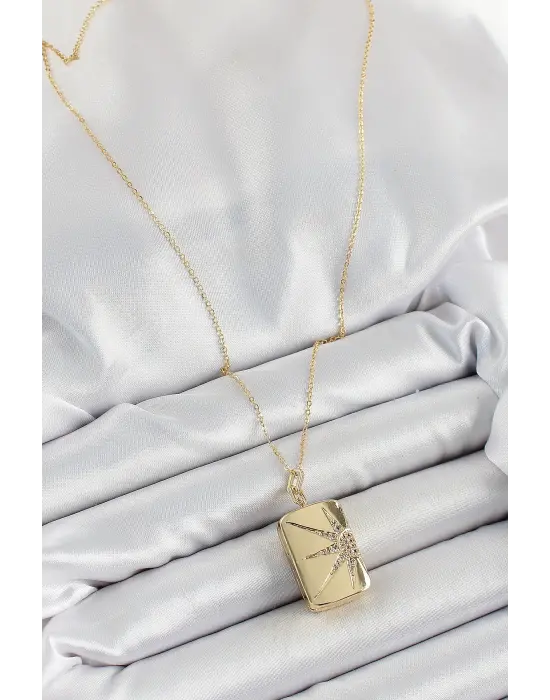 316L Çelk Açılabilir Dikdörtgen Model Zirkon Taşlı Gold Renk Kadın Zincir kolye