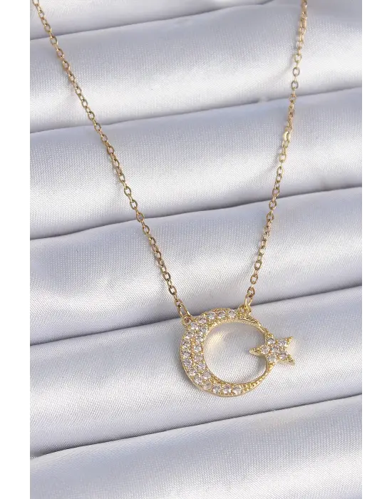 316L Çilek Zincir Altın  Zirkon Taşlı Ay Yıldız Model  Çelik Kolye