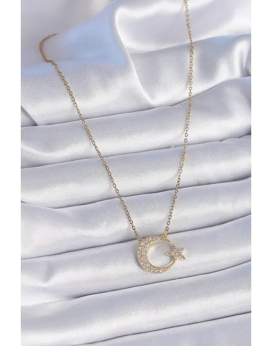 316L Çilek Zincir Altın  Zirkon Taşlı Ay Yıldız Model  Çelik Kolye
