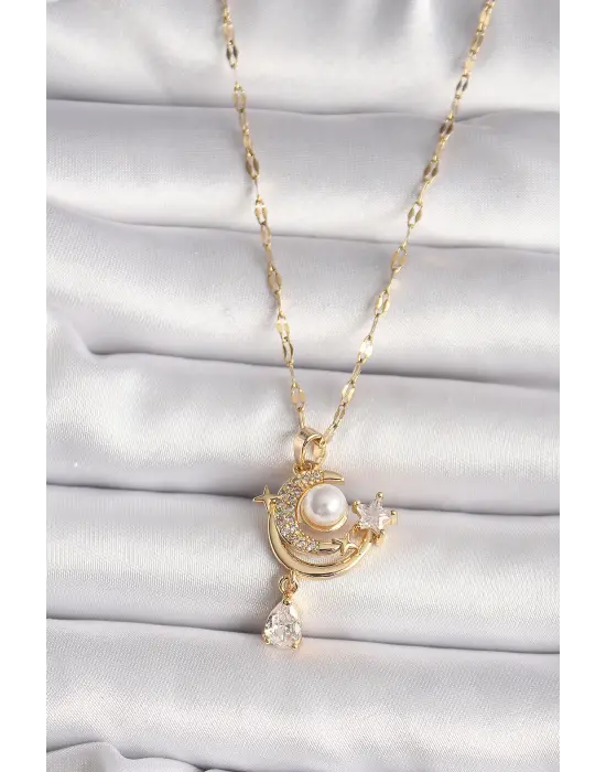 316L Altın  Zirkon Taşlı Ay Yıldız Model Sallantı Detay  Çelik Kolye