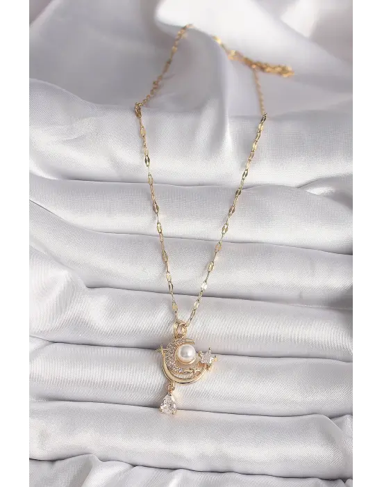 316L Altın  Zirkon Taşlı Ay Yıldız Model Sallantı Detay  Çelik Kolye