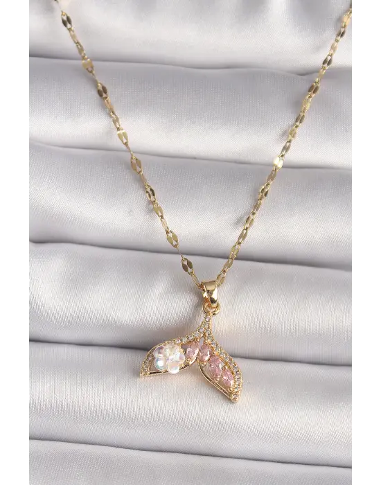 316L Altın  Zirkon Taşlı Balık Kuyruğu Model Çiçek Detay  Çelik Kolye