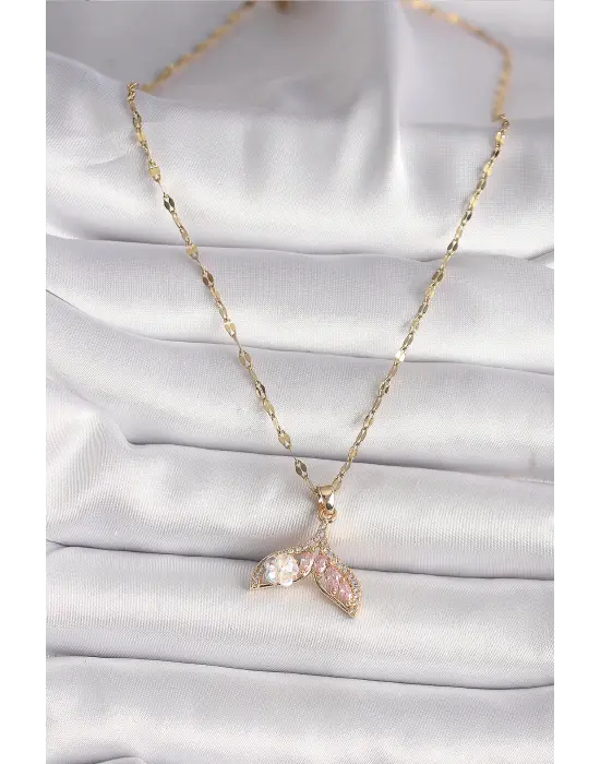 316L Altın  Zirkon Taşlı Balık Kuyruğu Model Çiçek Detay  Çelik Kolye