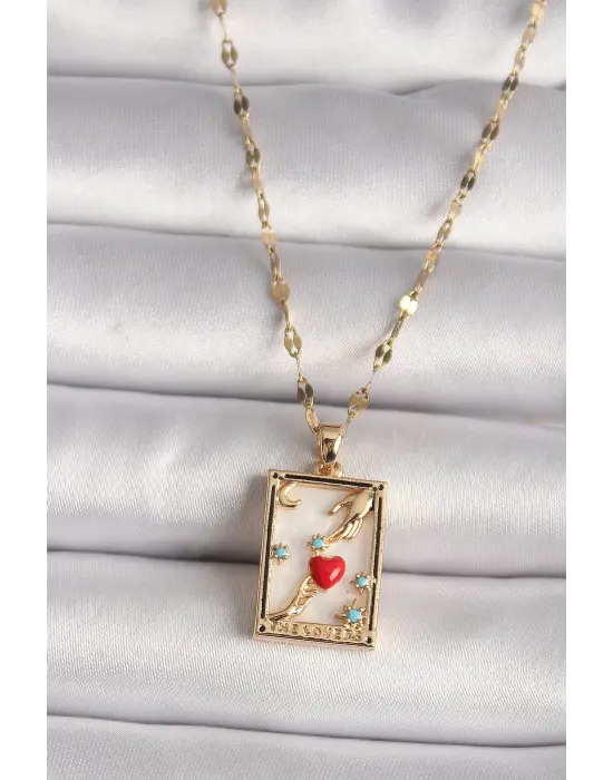 316L Altın  Zirkon Taşlı Kırmızı Kalp Figür El Detay Portre Model  Çelik Kolye