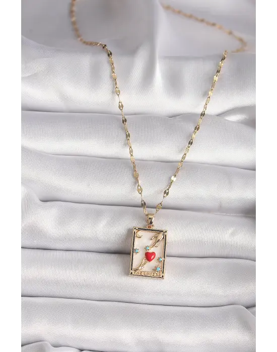 316L Altın  Zirkon Taşlı Kırmızı Kalp Figür El Detay Portre Model  Çelik Kolye