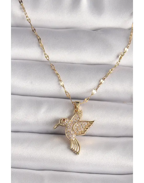 316L Altın  Zirkon Taşlı Sinek Kuşu Model  Çelik Kolye