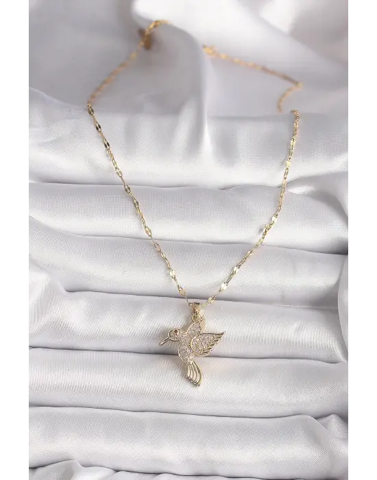 316L Altın  Zirkon Taşlı Sinek Kuşu Model  Çelik Kolye