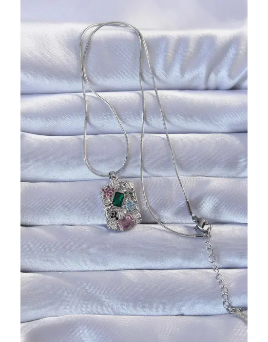 316L Gümüş  Çok li Zirkon Taşlı Vintage Çelik Kolye