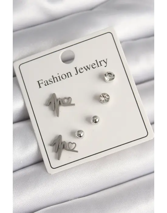  Gümüş Kalp Ritim Model Zirkon Taşlı Topçuk Detay Çelik Küpe Seti