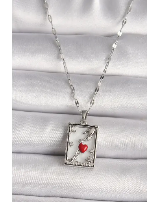 316L Gümüş  Zirkon Taşlı Kırmızı Kalp Figür El Detay Portre Model  Çelik Kolye