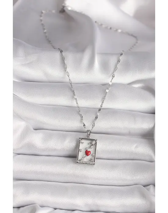 316L Gümüş  Zirkon Taşlı Kırmızı Kalp Figür El Detay Portre Model  Çelik Kolye