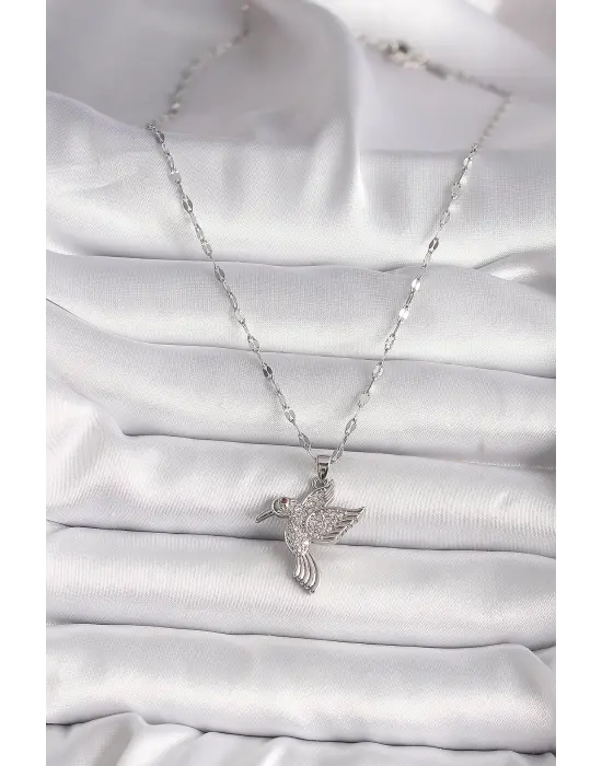 316L Gümüş  Zirkon Taşlı Sinek Kuşu Model  Çelik Kolye