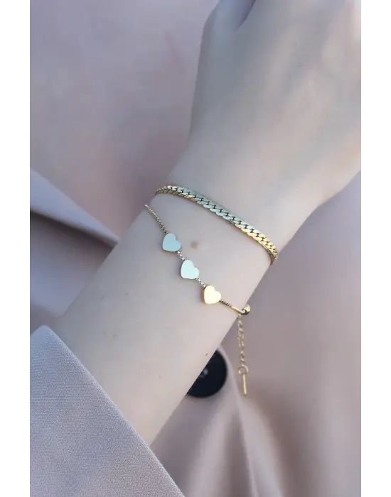 316L Kararmaz Çelik Gold Renk 3lü Kalp Kadın Bileklik