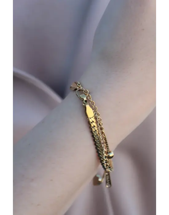 316L Kararmaz Çelik Gold Renk 3lü Kalp Kadın Bileklik