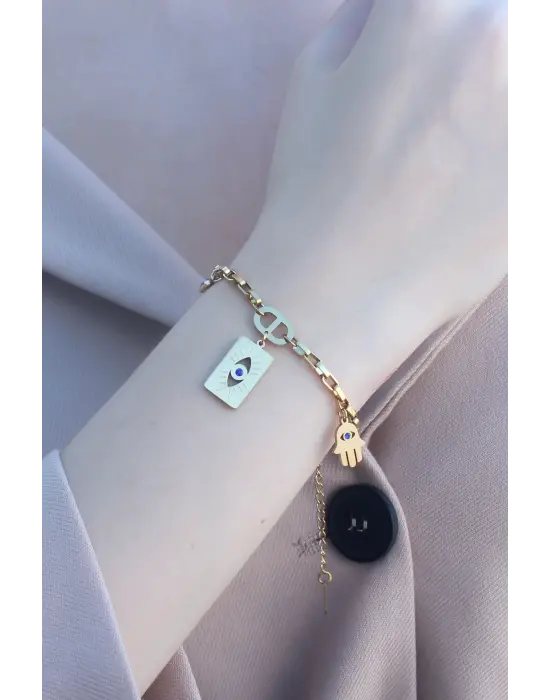 316L Kararmaz Çelik Gold Renk Göz ve Fatma Ana Eli Kadın Bileklik