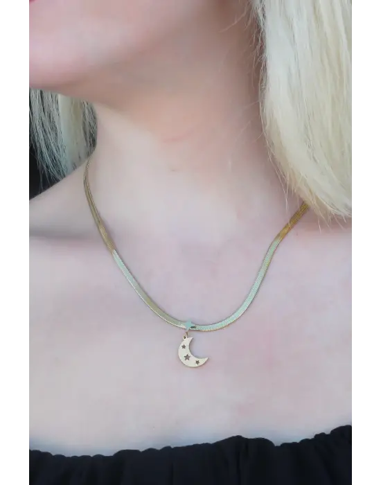 316L Kararmaz Çelik Gold Renk İtalyan Zincirli Hilal Model Kadın Kolye