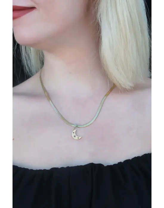 316L Kararmaz Çelik Gold Renk İtalyan Zincirli Hilal Model Kadın Kolye